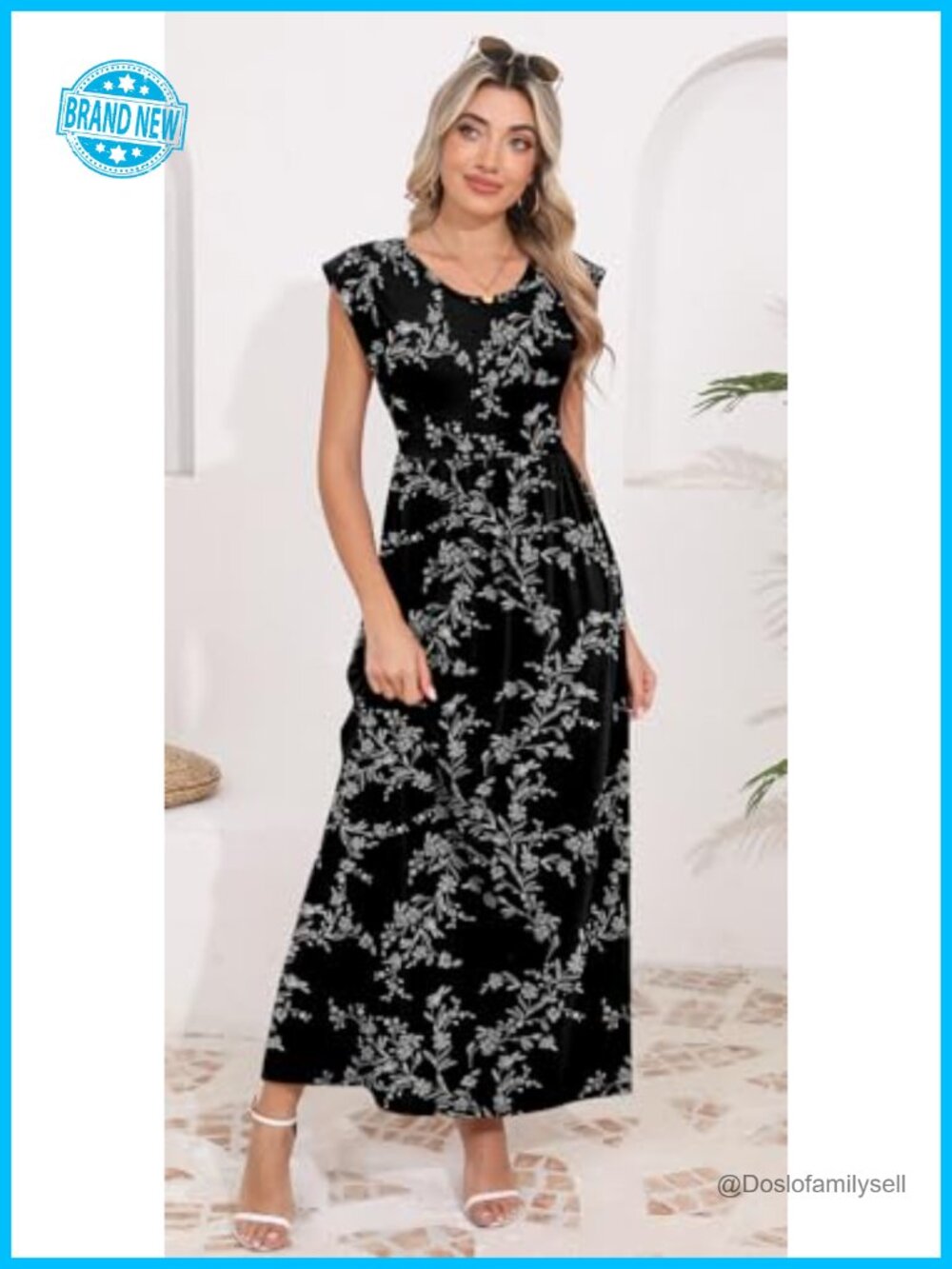 Cap Sleeve Maxi Dress with Pockets Empire Waist Loose Fit Summer Sundress - Picture 2 of 6